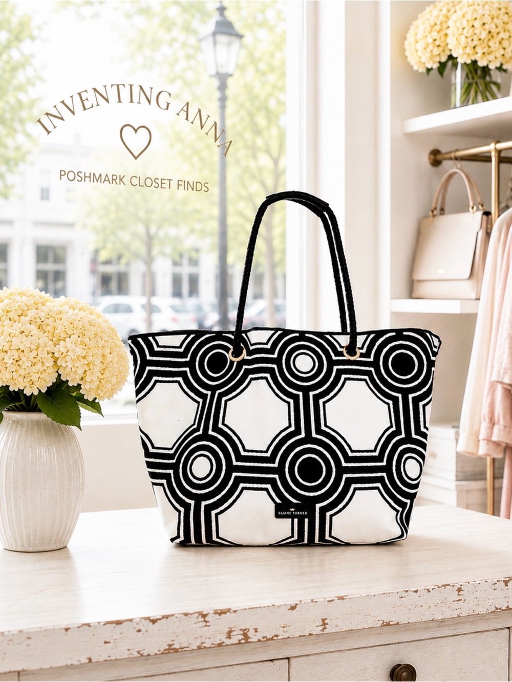 ELAINE TURNER Black and White Oversized Geometric Tote w/Red Geometric Lining